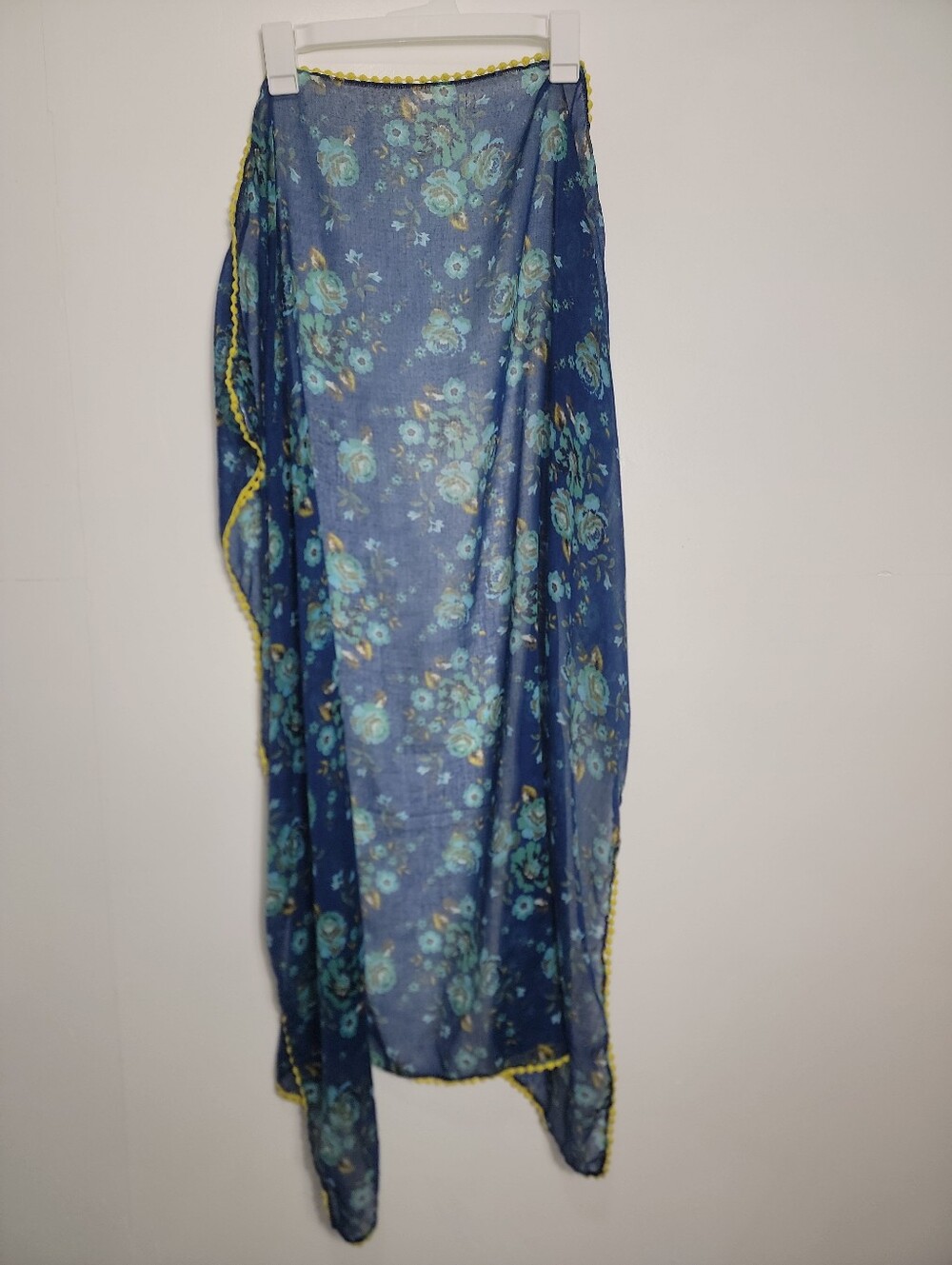 Blue Green White Brown Floral W/ Yellow Border 40x40 Semi-Sheer Scarf